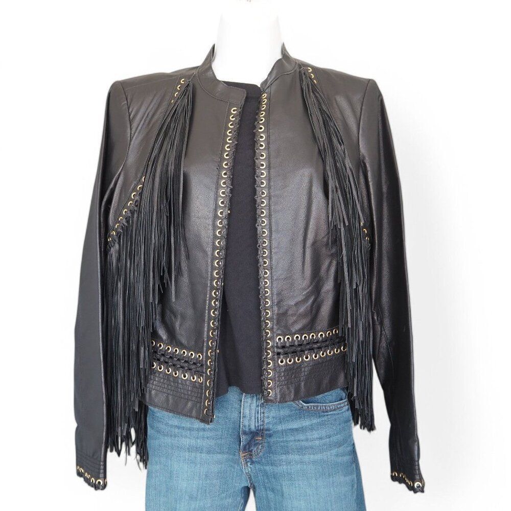 G.I.L.I Got it Love It Fringe Leather Motorcycle Jacket Black Women's 10